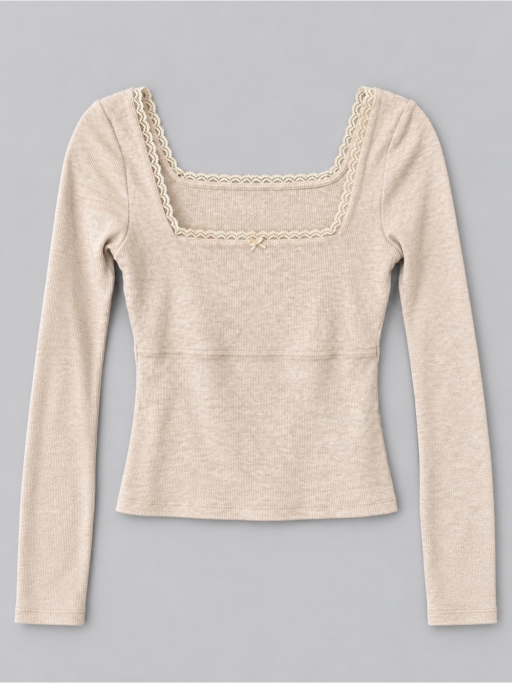 American Eagle Outfitters Lace-Trim Square Neck Long Sleeve Top - Cream